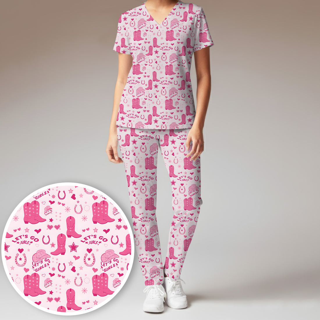 Pink Cowgirl Boots Print Scrub Set, Scrub Pants and V Neck Top