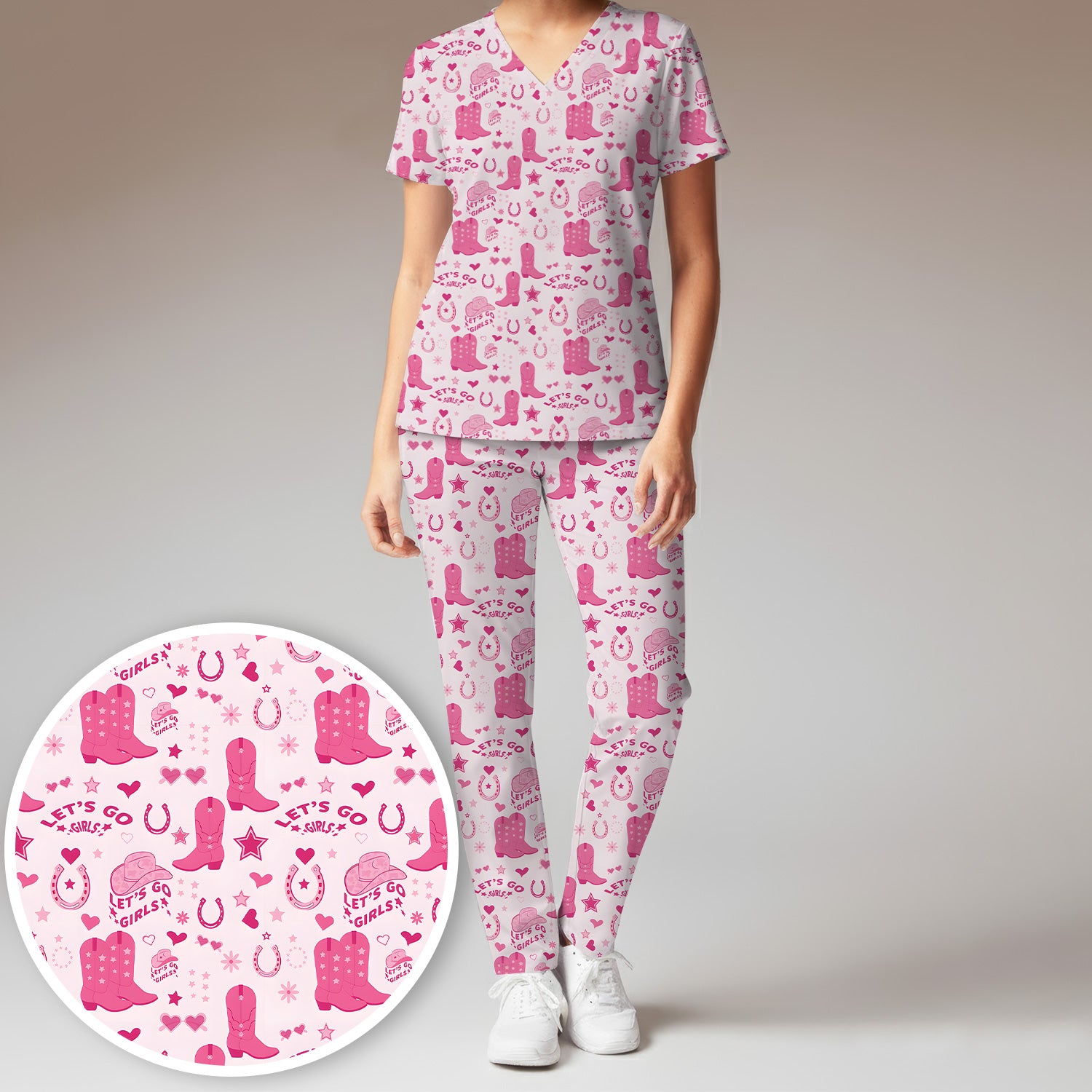 Pink Cowgirl Boots Print Scrub Set, Scrub Pants and V Neck Top