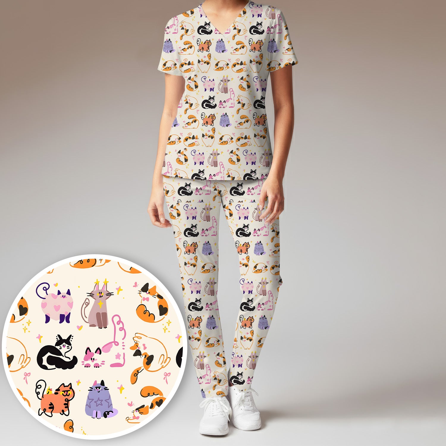 Funny Cat Pattern Scrub Set, Cute Cats Nursing Uniform For Women