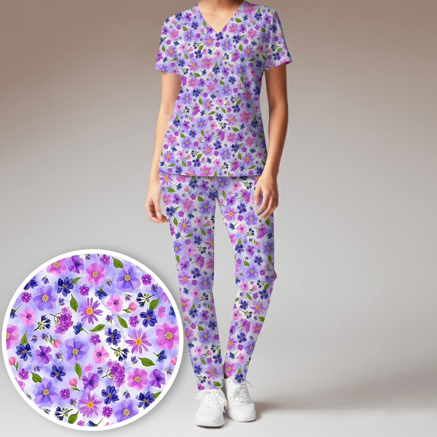 Purple Watercolor Wildflower Bloom Pattern Scrub Set, Scrub Pants and V Neck Top