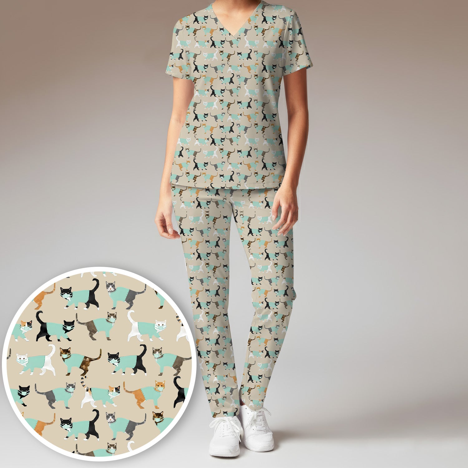 Playful Cat Nurse All Over Print Scrub Set, Scrub Pants and V Neck Top