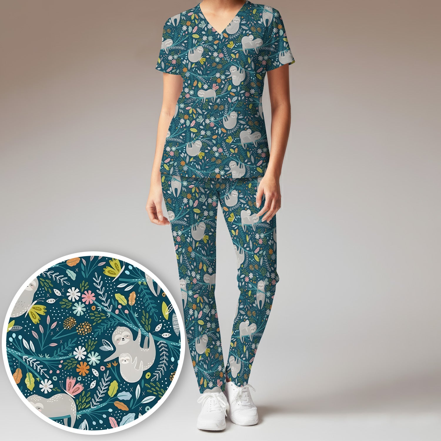Cute Sloth Jungle Leaf Floral Pattern Scrub Set, Women's Scrub Sets