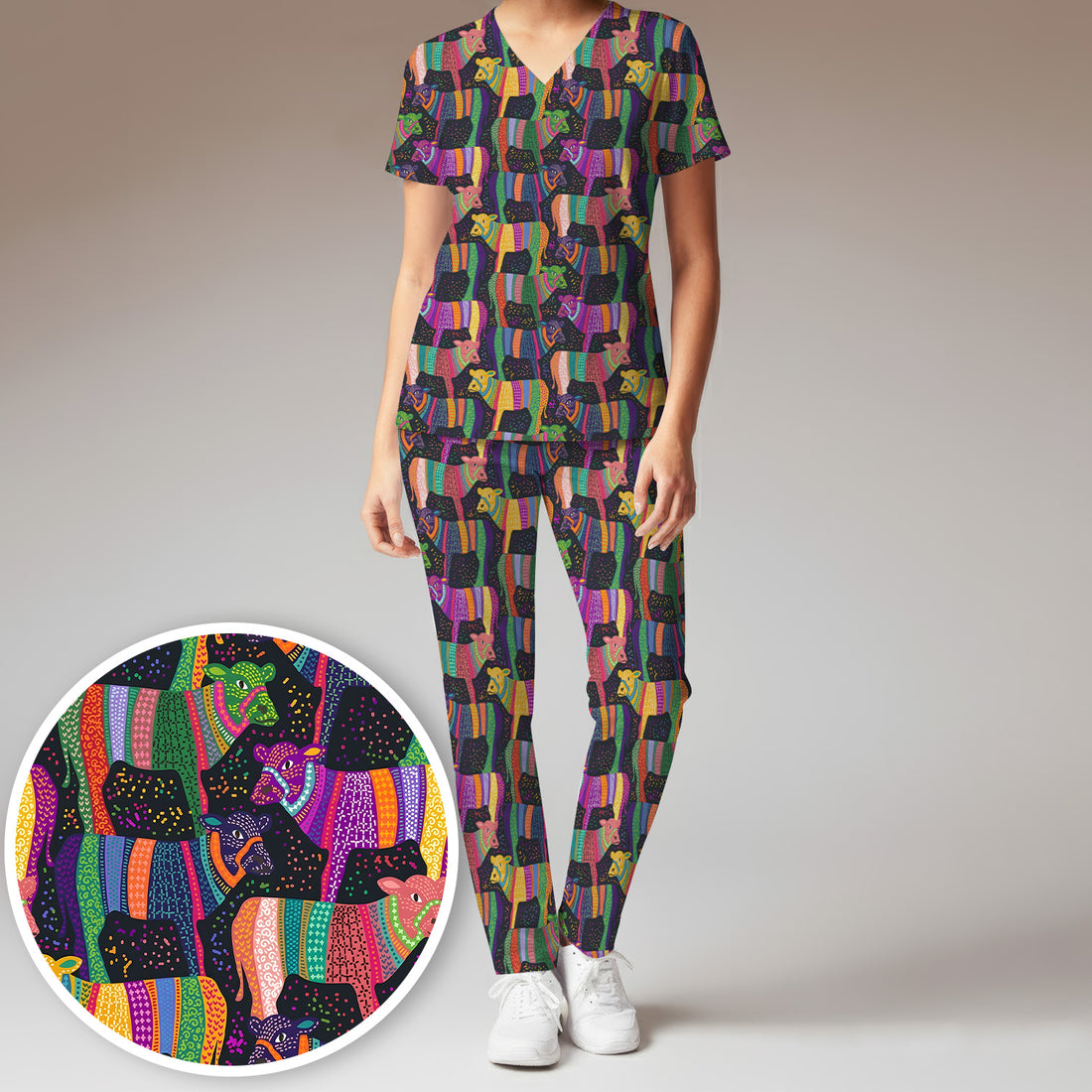 Vibrant Patchwork Rainbow Cow Pattern Scrub Set, Scrub Pants and V Neck Top