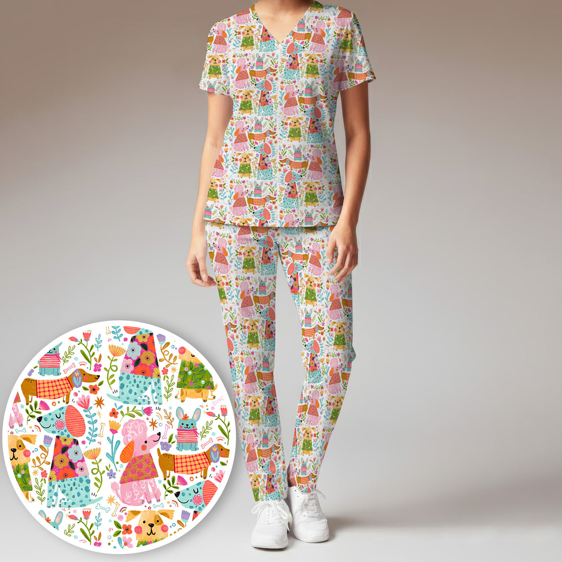 Cute Colorful Dog Floral Cartoon Pattern Scrub Set, Scrub Pants and V Neck Top