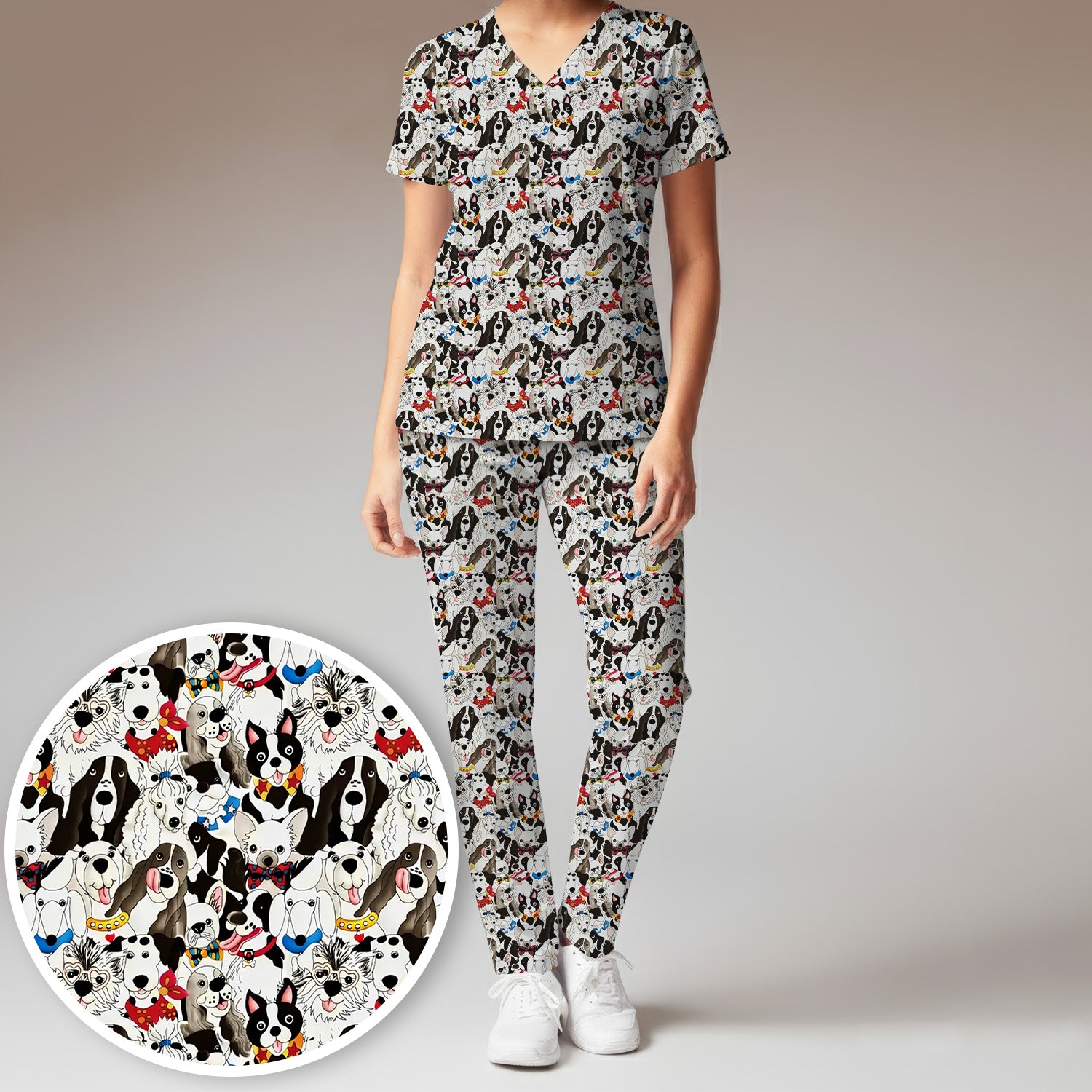 Cute Dog Cartoon All Over Print Scrub Set, Scrub Pants and V Neck Top