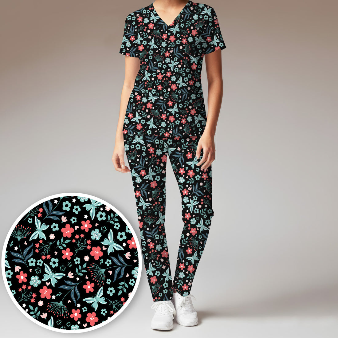 Cute Floral Butterfly Garden Print Scrub Set, Scrub Pants and V Neck Top