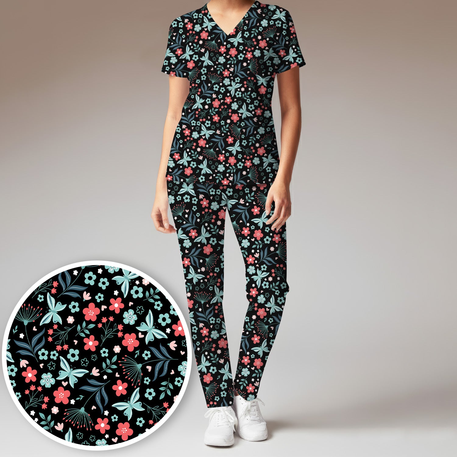Cute Floral Butterfly Garden Print Scrub Set, Scrub Pants and V Neck Top