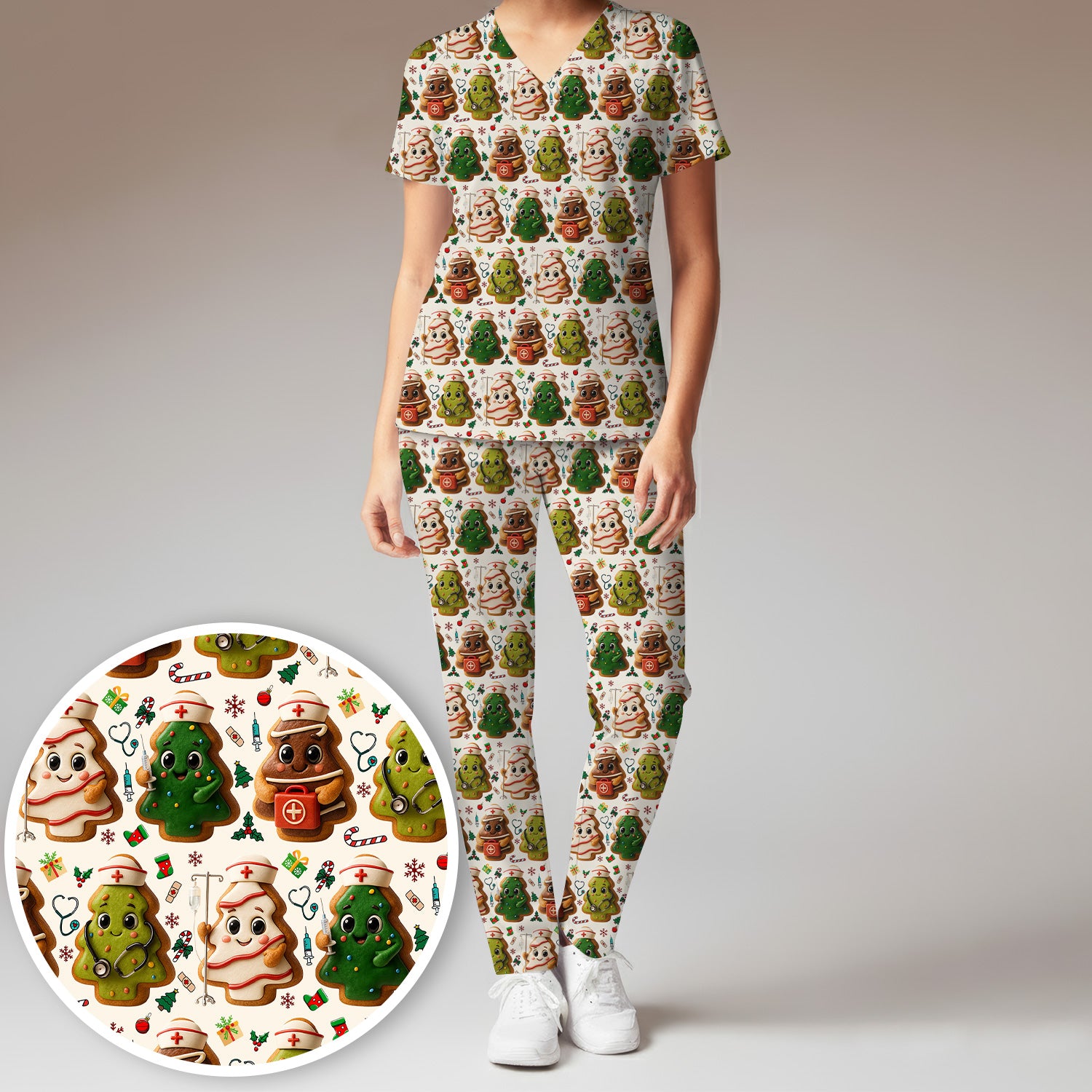 Christmas Cookie Scrub Set – Festive Nurse & Holiday Tree Pattern – Cute Medical Uniform for Nurses, Vets and Healthcare Workers