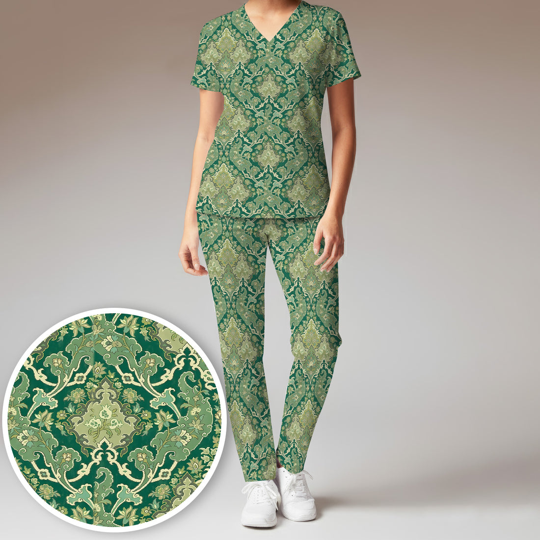 Green Vintage Damask Ornamental Pattern Scrub Set, Scrub Pants and V Neck Top