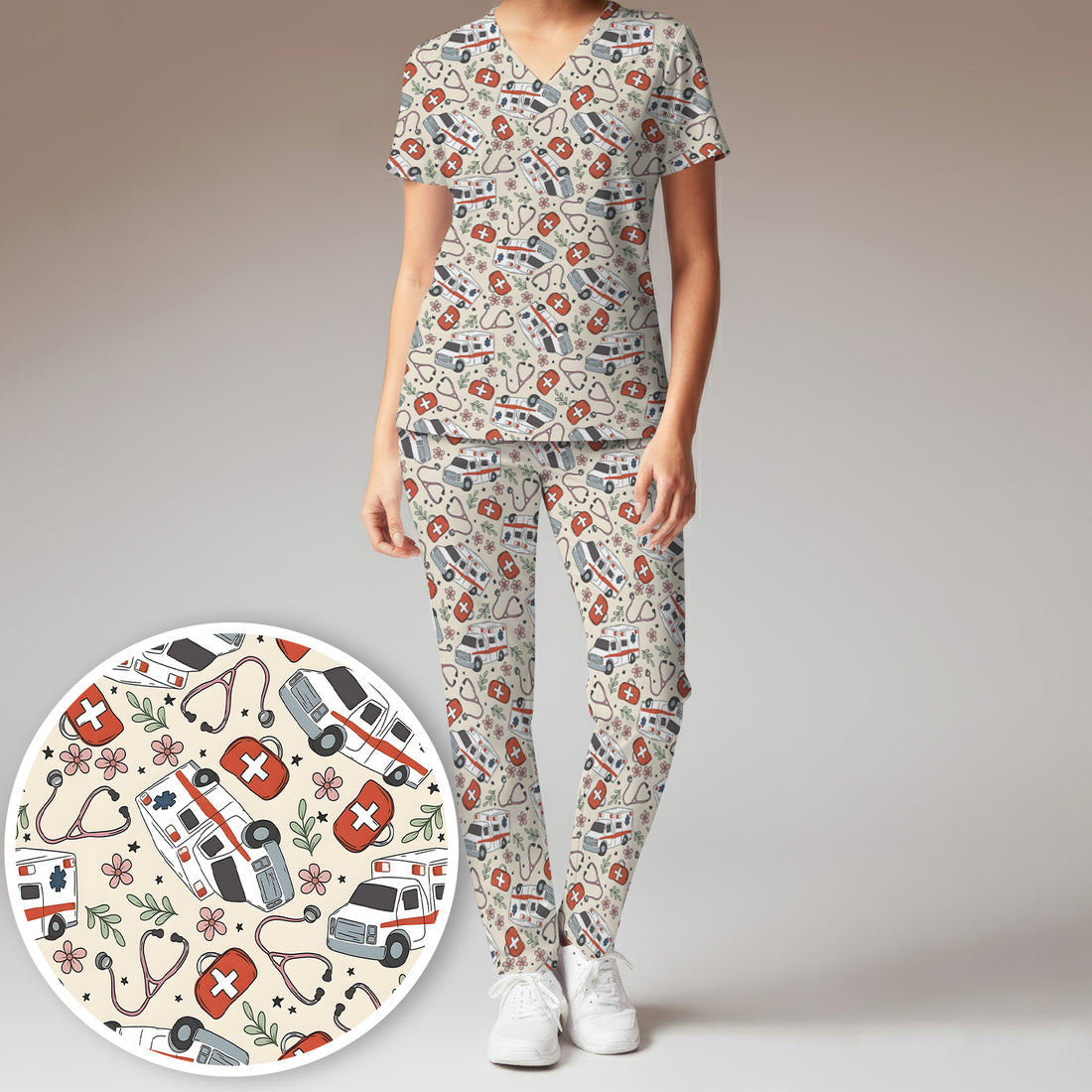 Ambulance Stethoscope First Aid Floral Pattern Scrub Set, Scrub Pants and V Neck Top