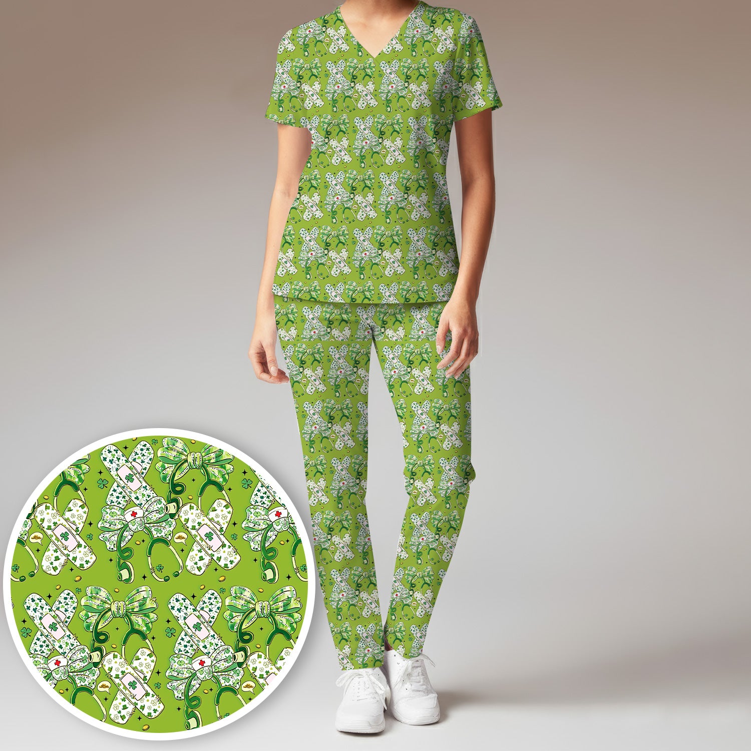 St Patrick Shamrock Stethoscope Bow Print Scrub Set, Breathable Med Uniform