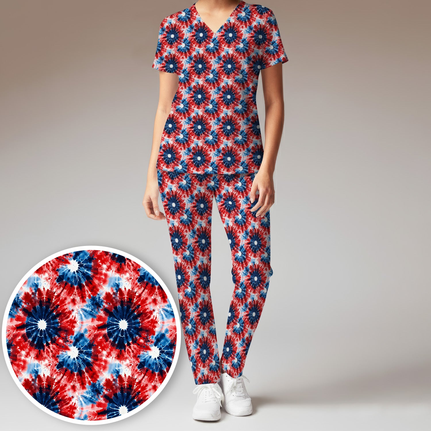 Festive Nurse Tie Dye Firework Burst Pattern Scrub Set, Scrub Pants and V Neck Top
