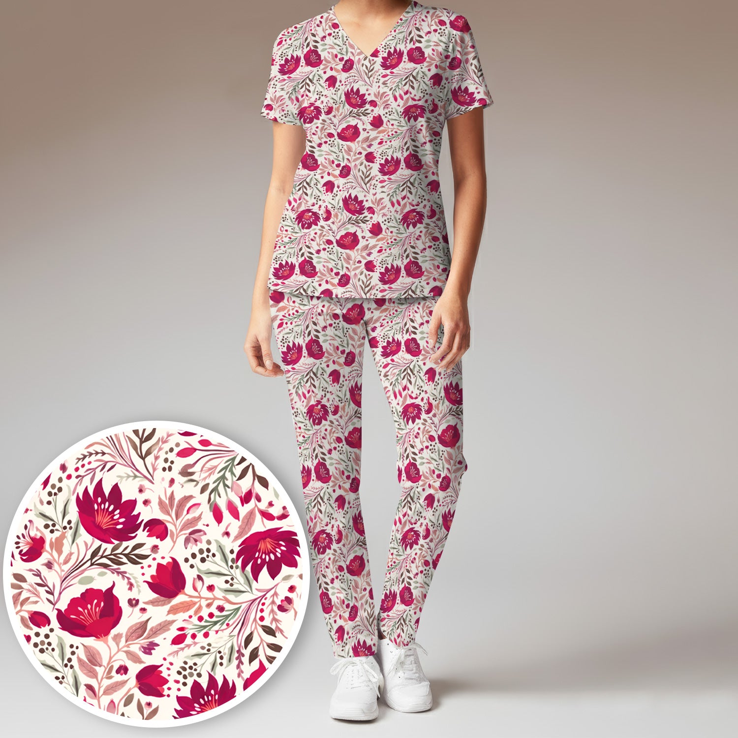 Elegant Floral Botanical Pattern Scrub Set, Women's Scrub Sets