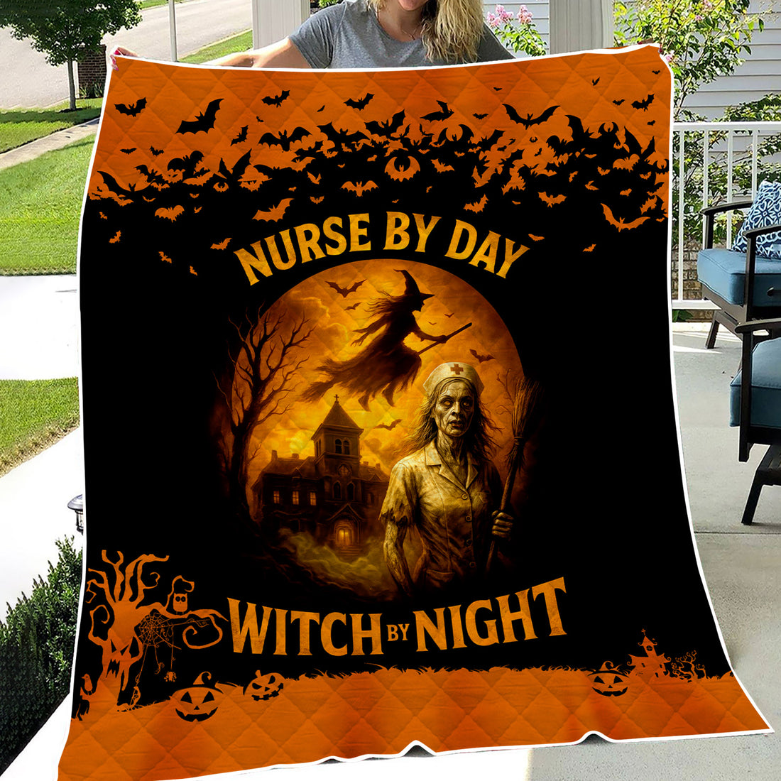 Personalized Funny Halloween Nurse Blanket - Nurse By Day Witch By Night Spooky Design - Gift for RN LPN CNA Healthcare Workers