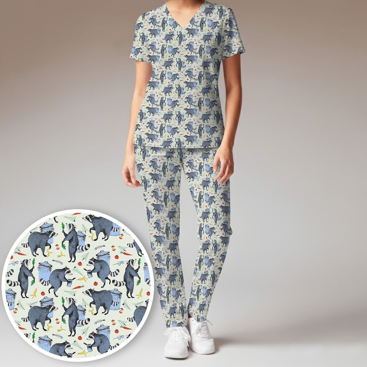 Playful Raccoon Trash Print Women's Scrub Set, Scrub Pants and V Neck Top