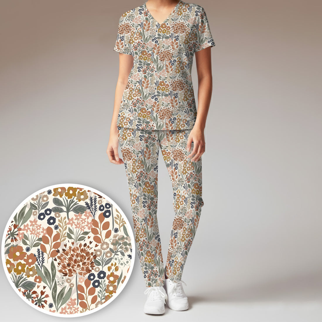 Vintage Botanical Floral Pattern Scrub Set, Women's Scrub Sets