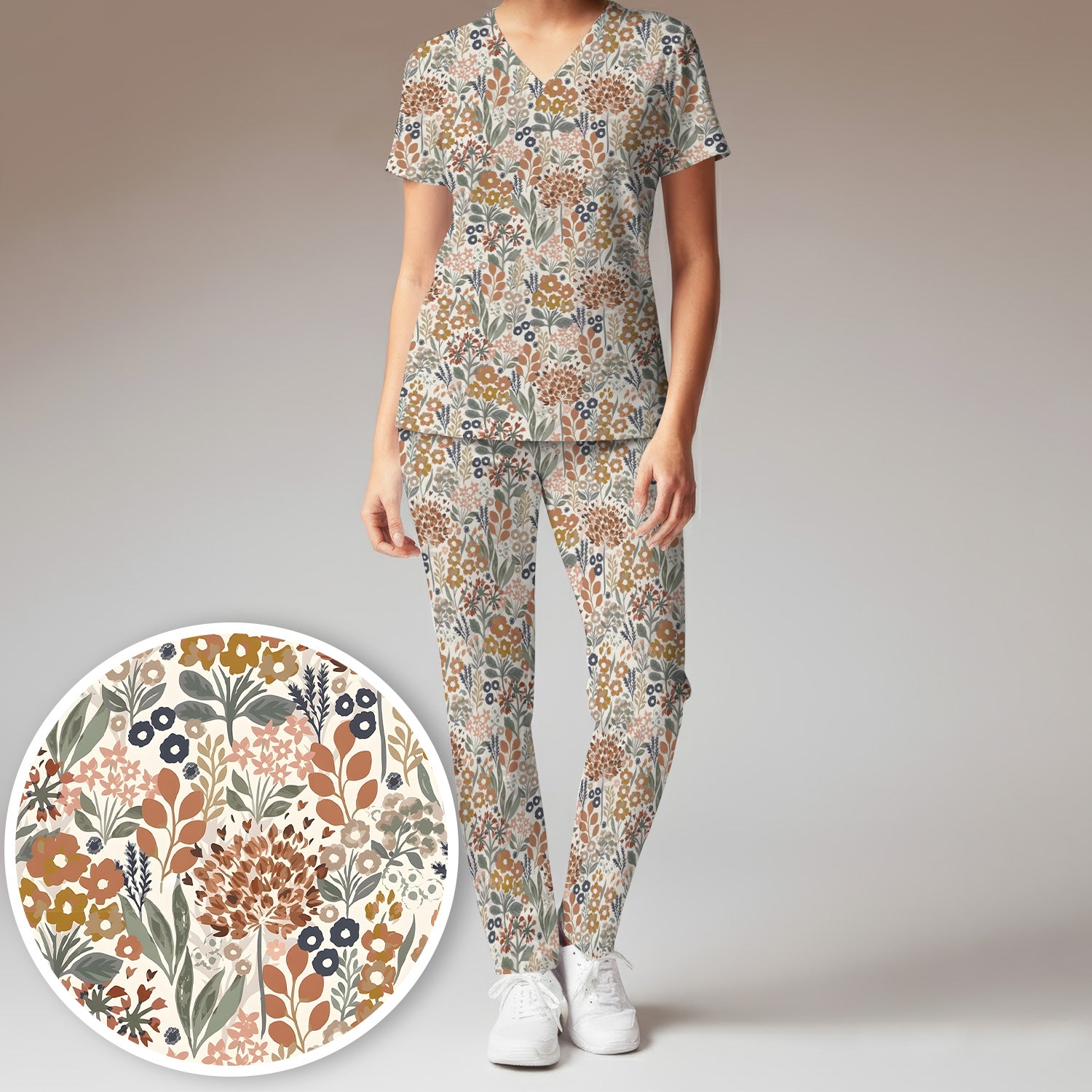 Vintage Botanical Floral Pattern Scrub Set, Women's Scrub Sets
