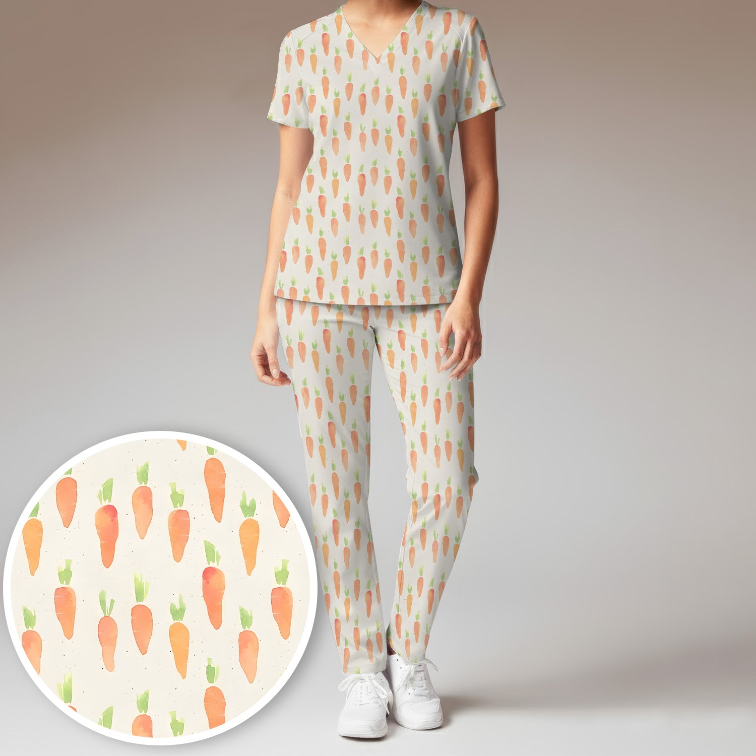 Simple Carrot Cute Pattern Scrub Sets, Scrub Pants and V Neck Top