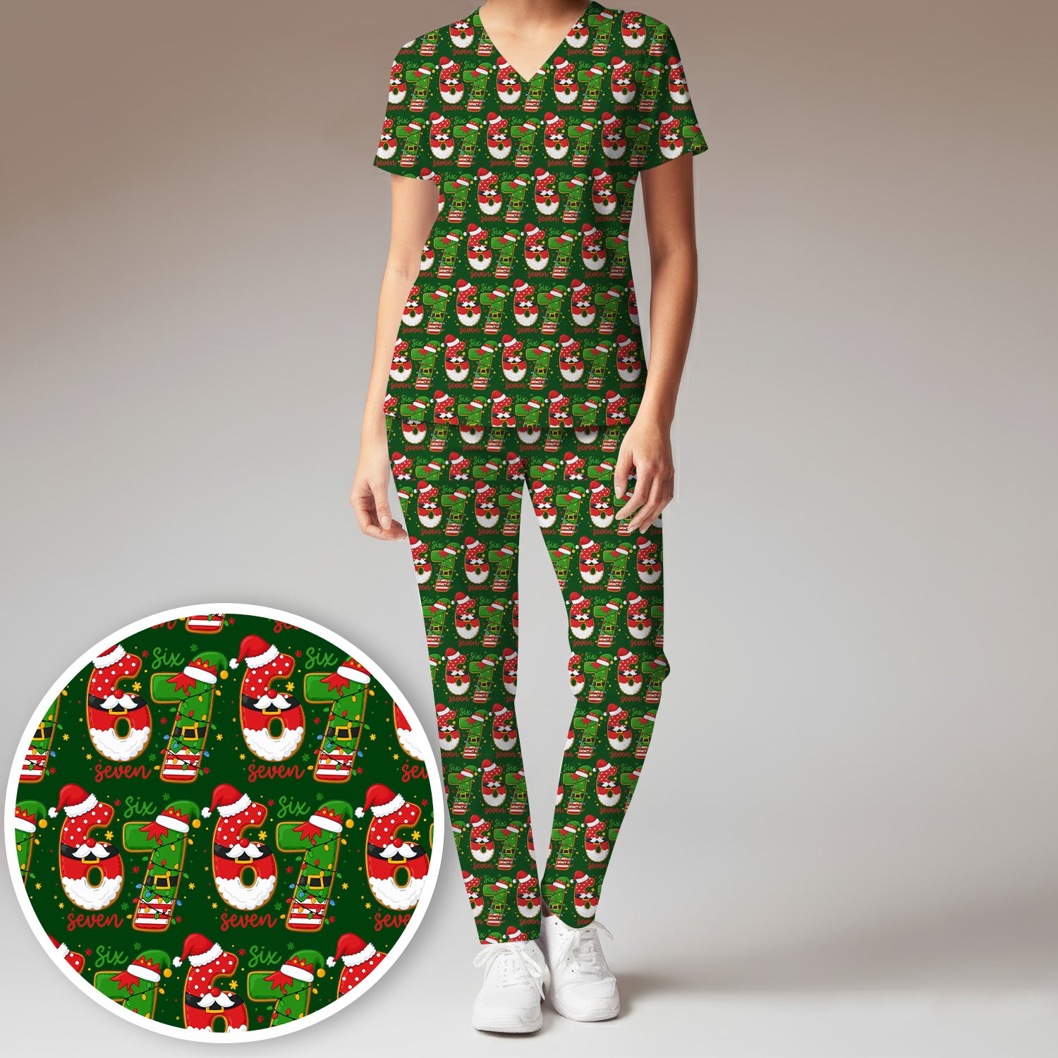 Christmas 67 Pattern Scrub Top, Festive Holiday Medical Uniform Shirt For Nursing