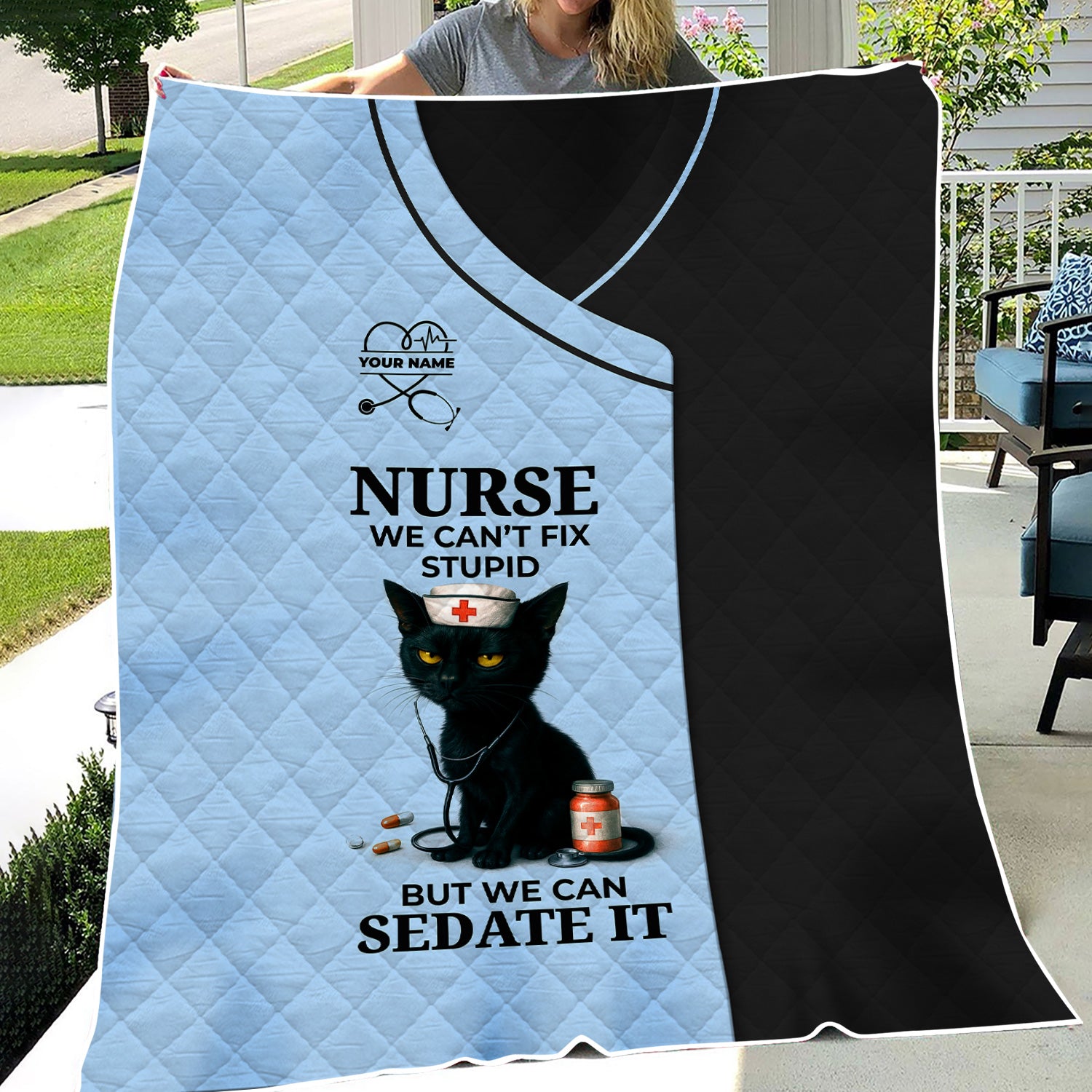 Personalized Funny Nurse Black Cat Blanket - Multiple Color Options Available - Custom Name Gift for RN CNA LPN Healthcare Workers