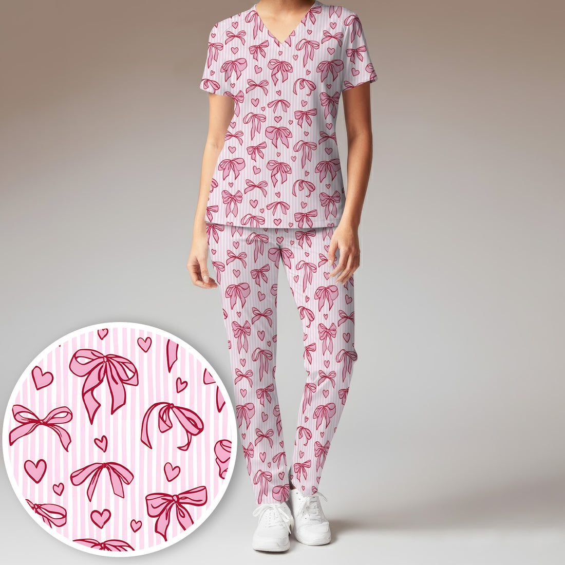 Pink Bow Heart Stripe Pattern Scrub Set, Scrub Pants and V Neck Top
