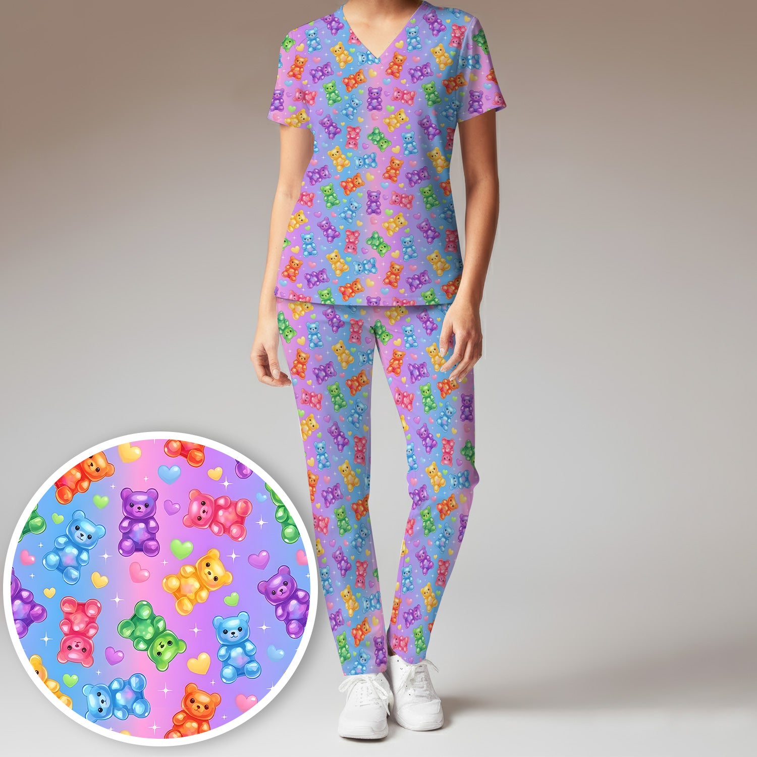 Colorful Gummy Bear Pattern Scrub Set, Scrub Pants and V Neck Top