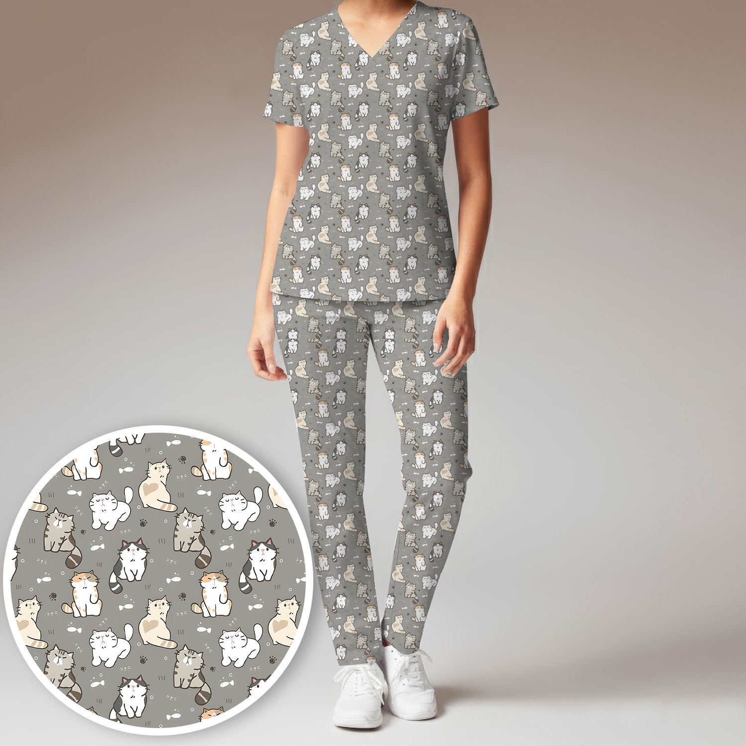 Pastel Cat Scrub Set, Cute Cat Pattern Nurse Shirt, Breathable Fabrics Nursing Uniform