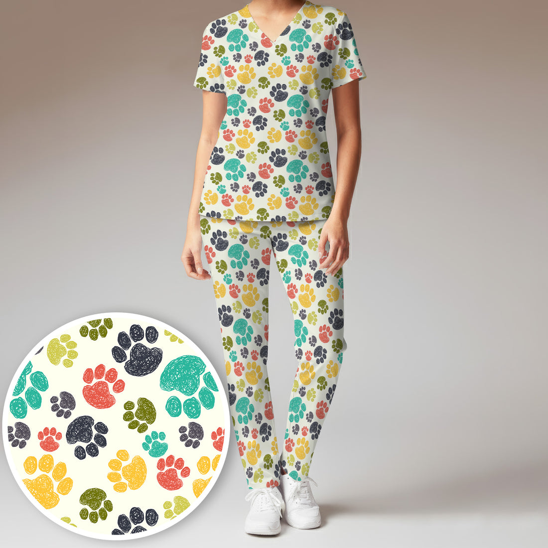 Colorful Paw Print Animal Pattern Scrub Set, Scrub Pants and V Neck Top