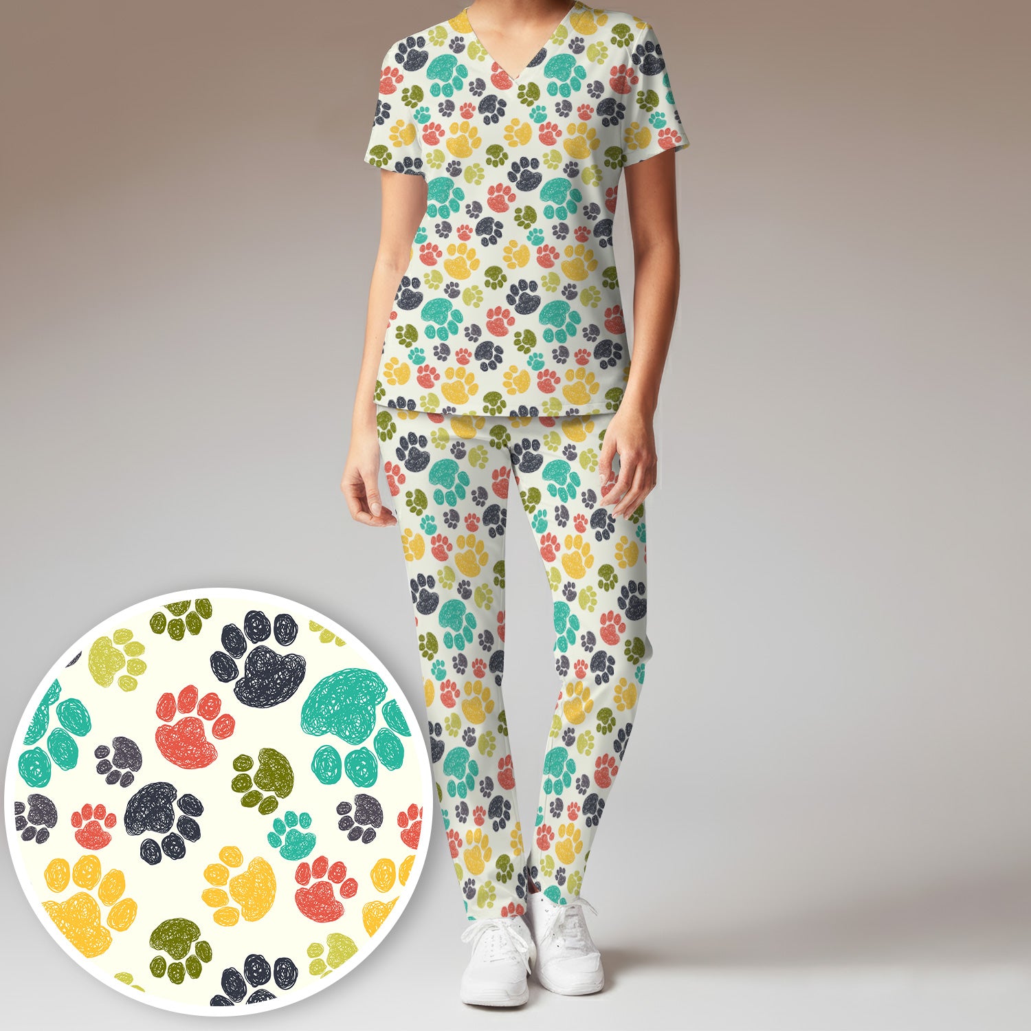 Colorful Paw Print Animal Pattern Scrub Set, Scrub Pants and V Neck Top