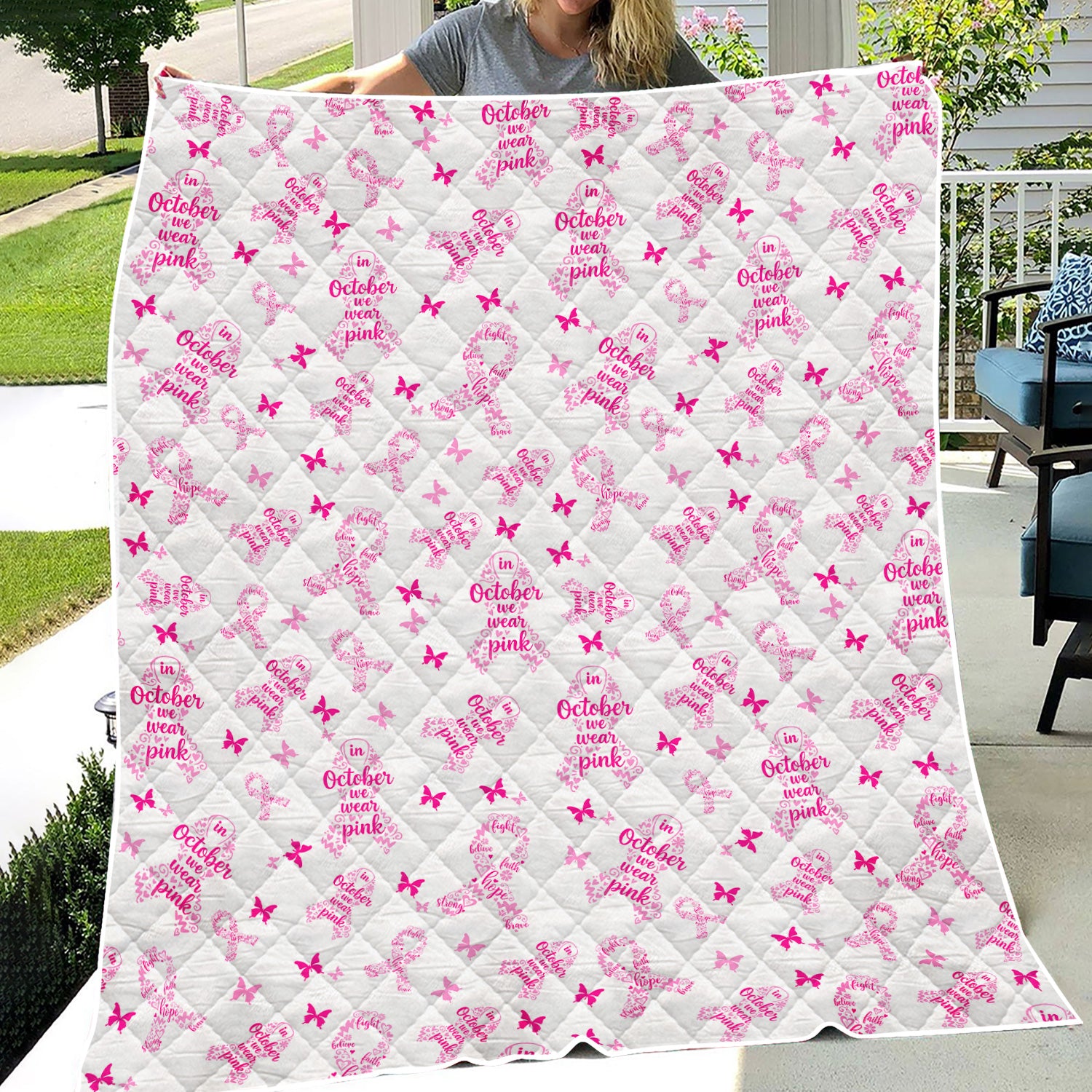 Custom October Awareness Blanket with Pink Ribbons - Inspirational Breast Cancer Support Throw - Gift for RN, CNA, LPN