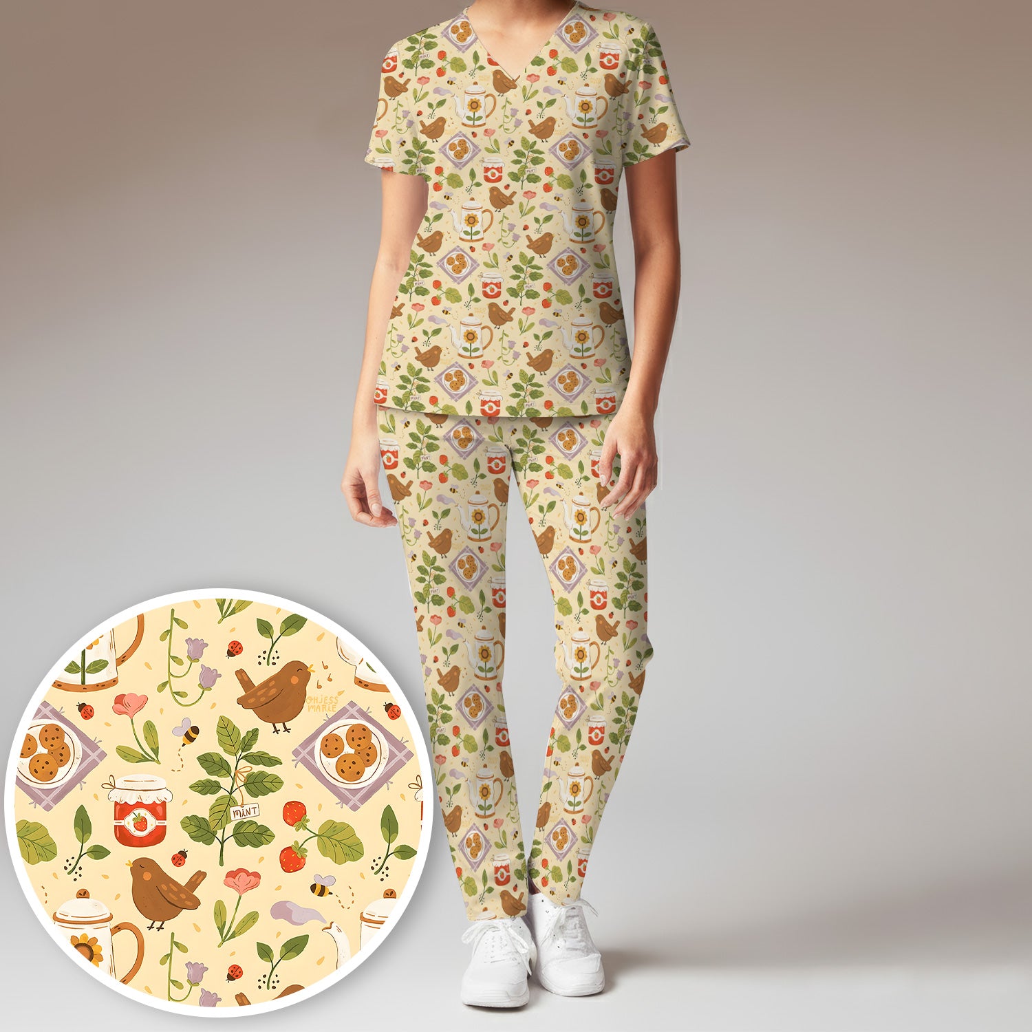 Cute Garden Tea Bird Strawberry Pattern Scrub Set, Scrub Pants and V Neck Top