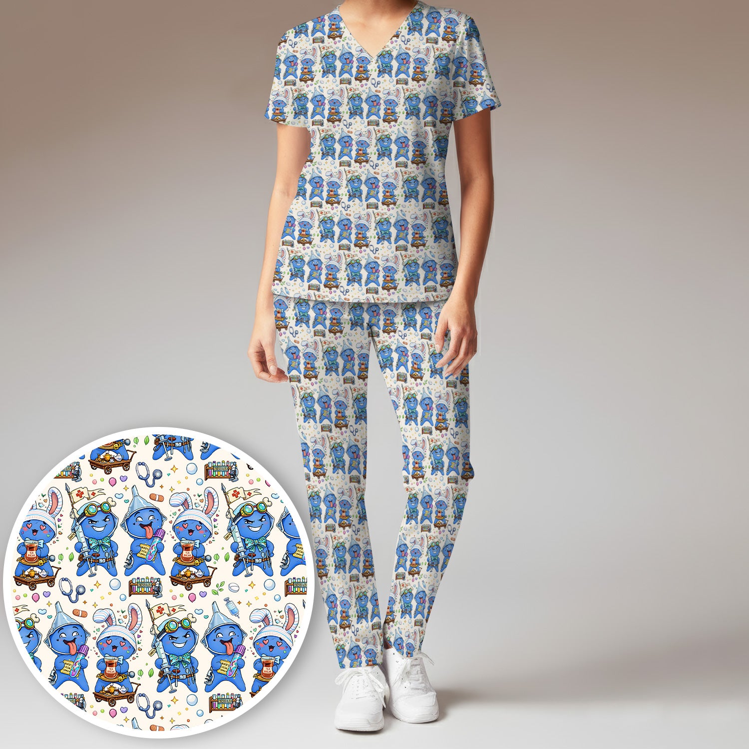 Cute Glove Doll Hospital Medical Cartoon Nurse Pattern Scrub Set, Women's Scrub Sets