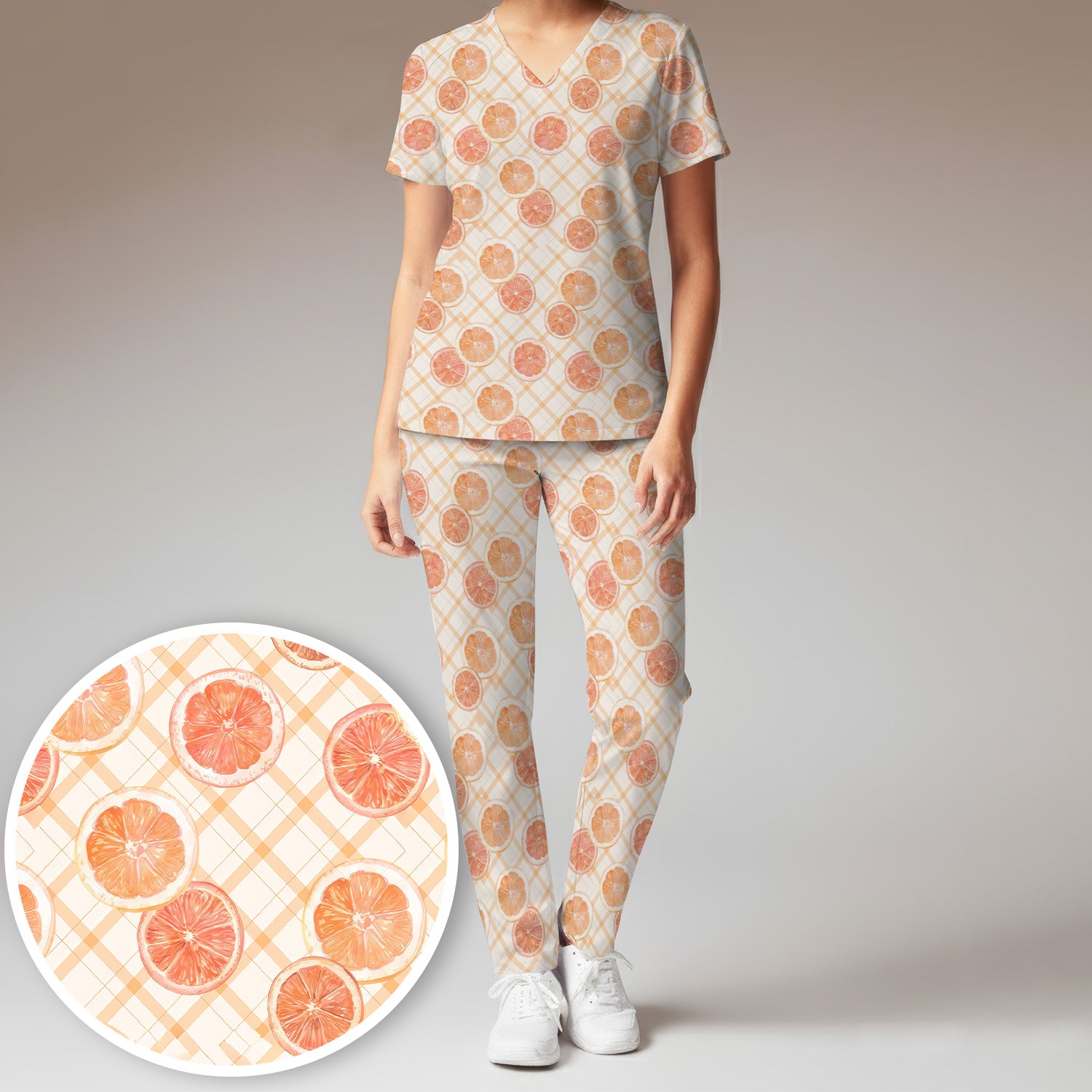 Fresh Grapefruit Slice Summer Fruit Pattern Scrub Sets, Scrub Pants and V Neck Top