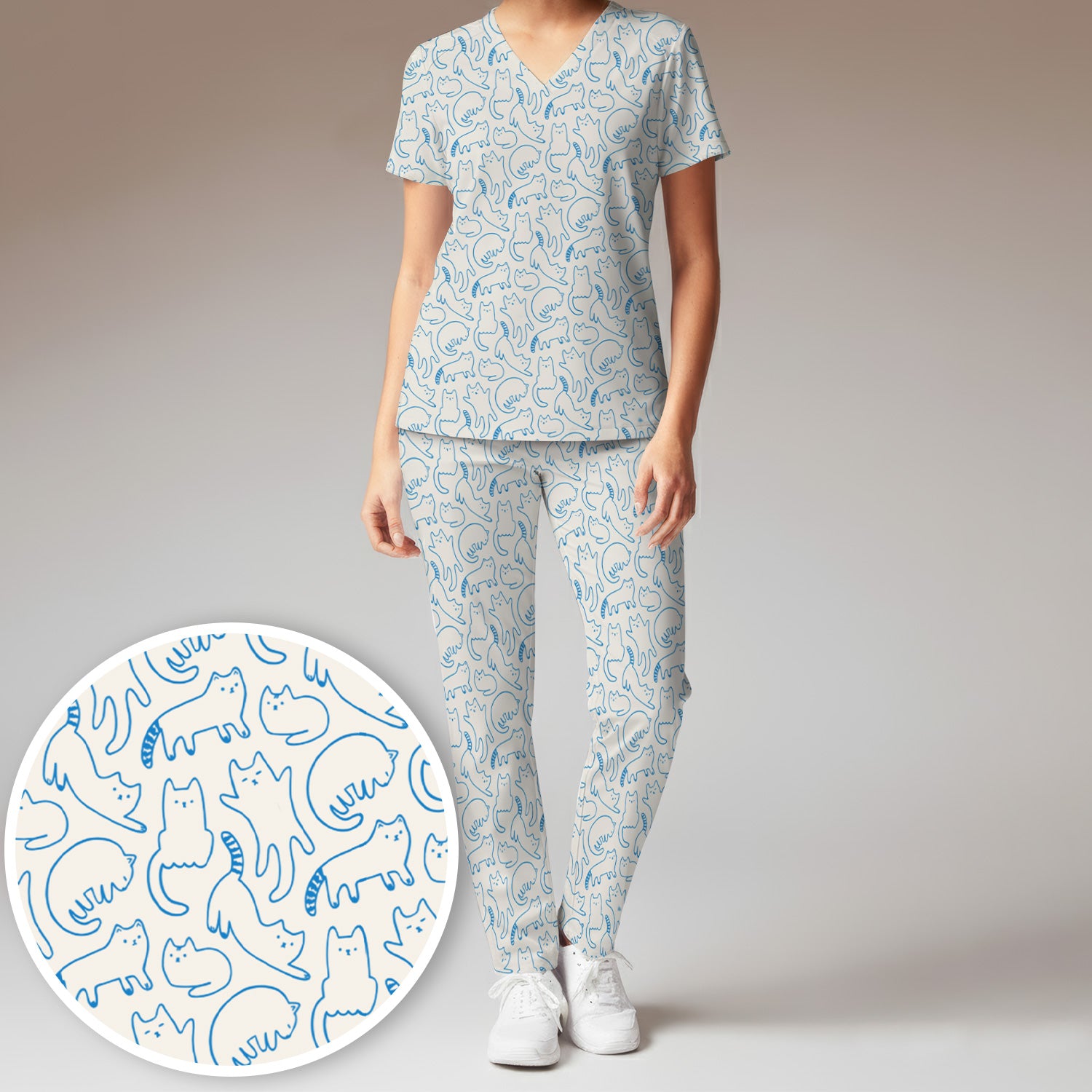 Artistic Cat Pattern Medical Scrub Set, Breathable Fabrics Nursing Uniform