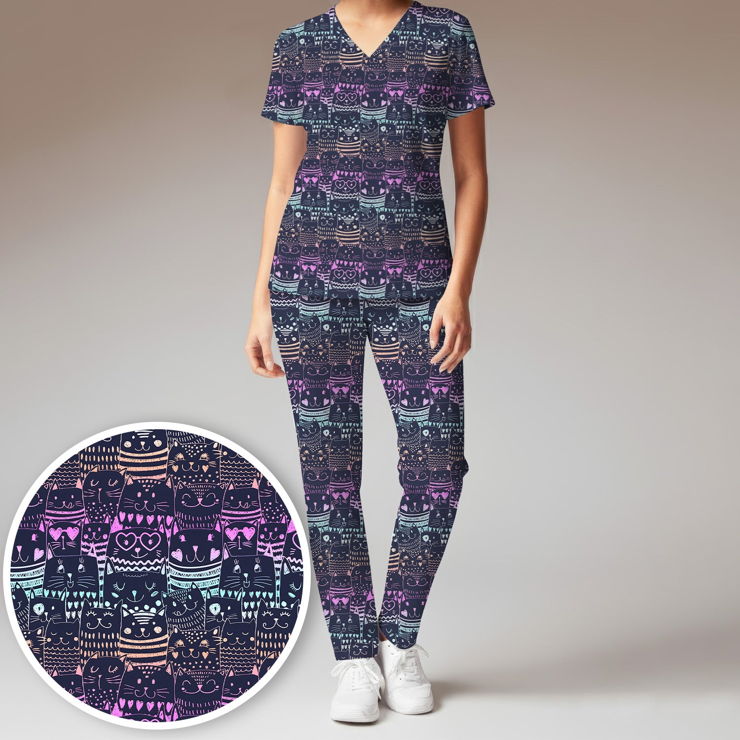 Cute Neon Cat Faces Pattern Scrub Set, Scrub Pants and V Neck Top