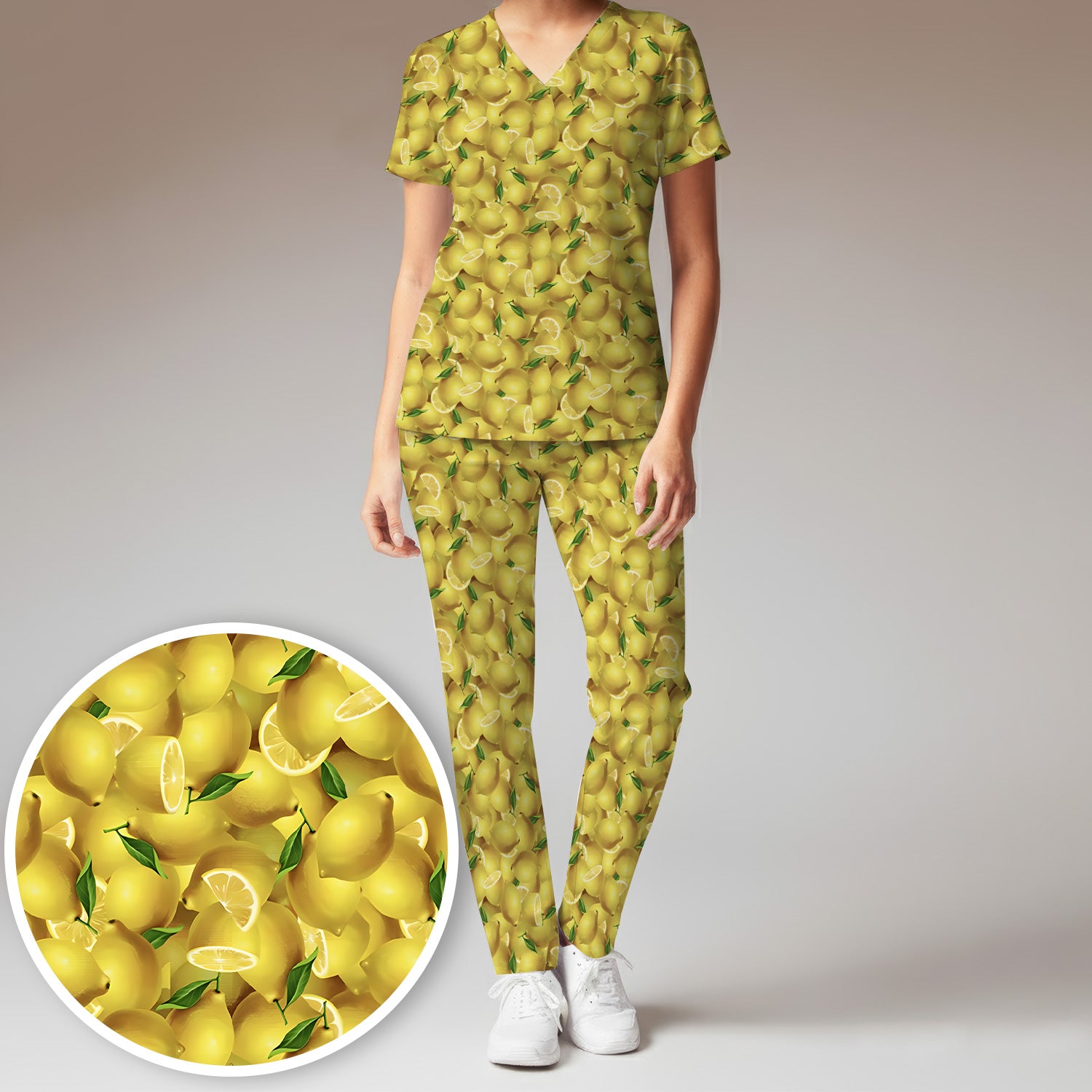 Fresh Lemon Fruit Pattern Scrub Sets, Scrub Pants and V Neck Top