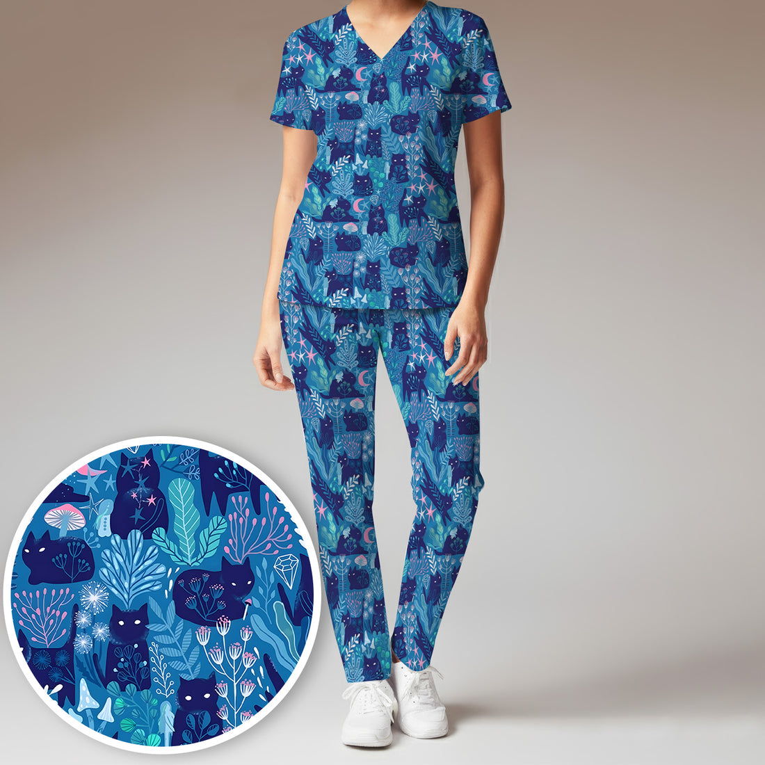 Adorable Celestial Cat Moon Star Pattern Scrub Set, Scrub Pants and V Neck Top