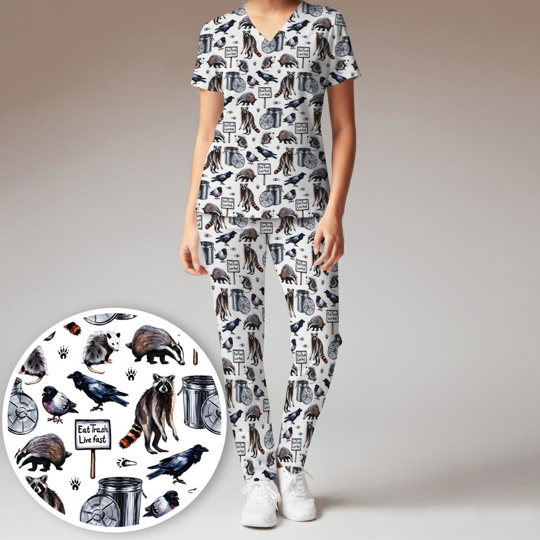 Raccoon And Opossum Eat Trash Live Fast Scrub Set, Scrub Pants and V Neck Top