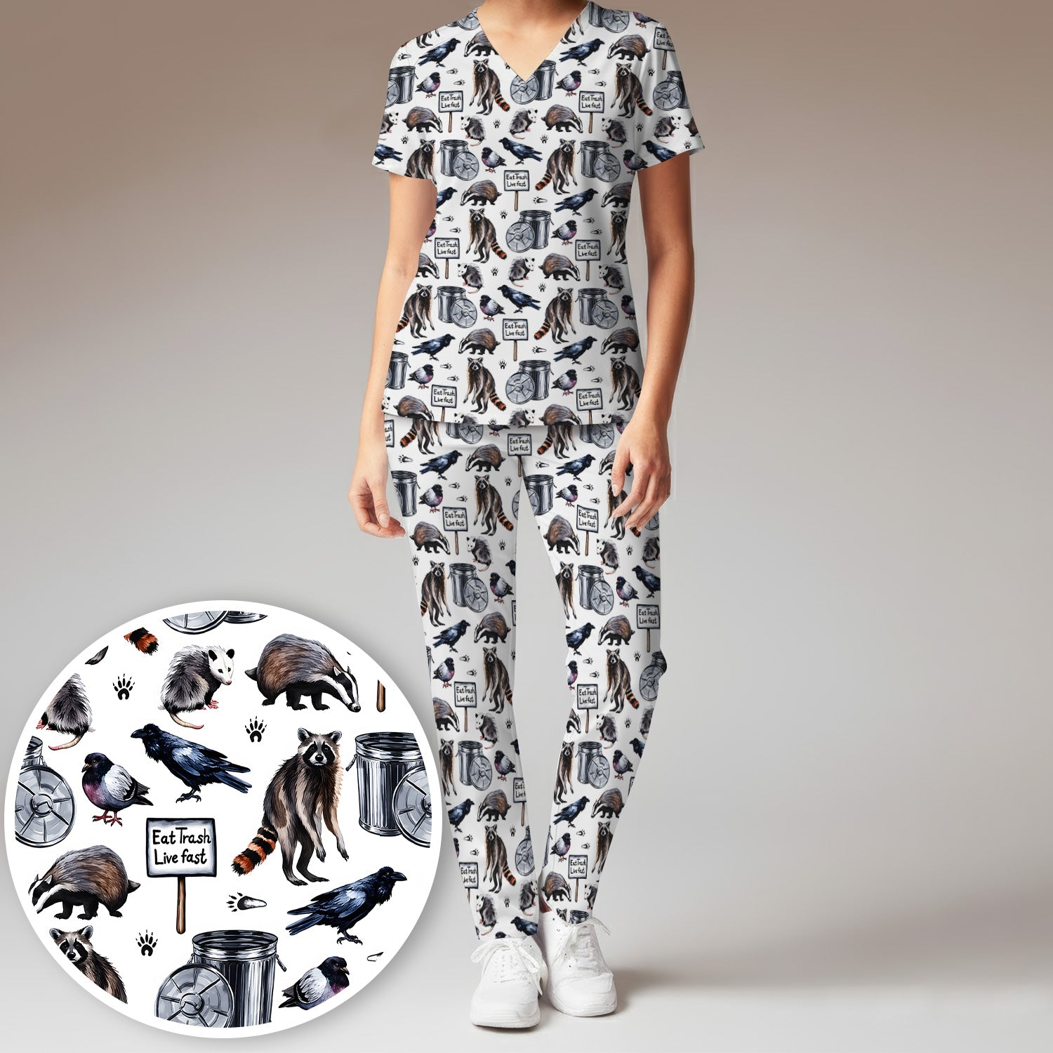 Raccoon And Opossum Eat Trash Live Fast Scrub Set, Scrub Pants and V Neck Top