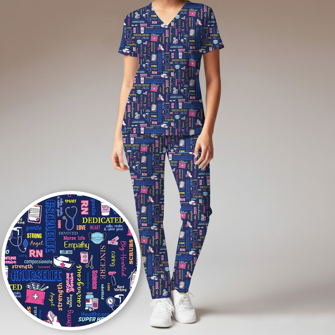 Colorful Nurse Life Typography Print Scrub Set, Breathable Med Uniform