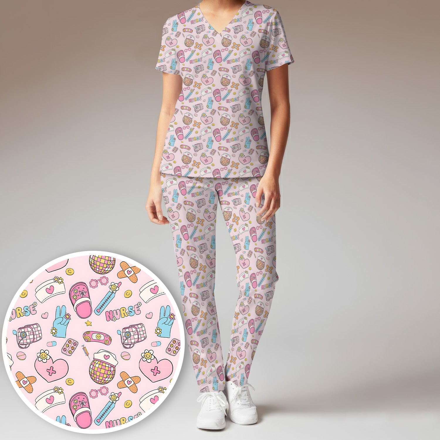 Cute Nurse Pink Medical Tools Pattern Scrub Set, Scrub Pants and V Neck Top