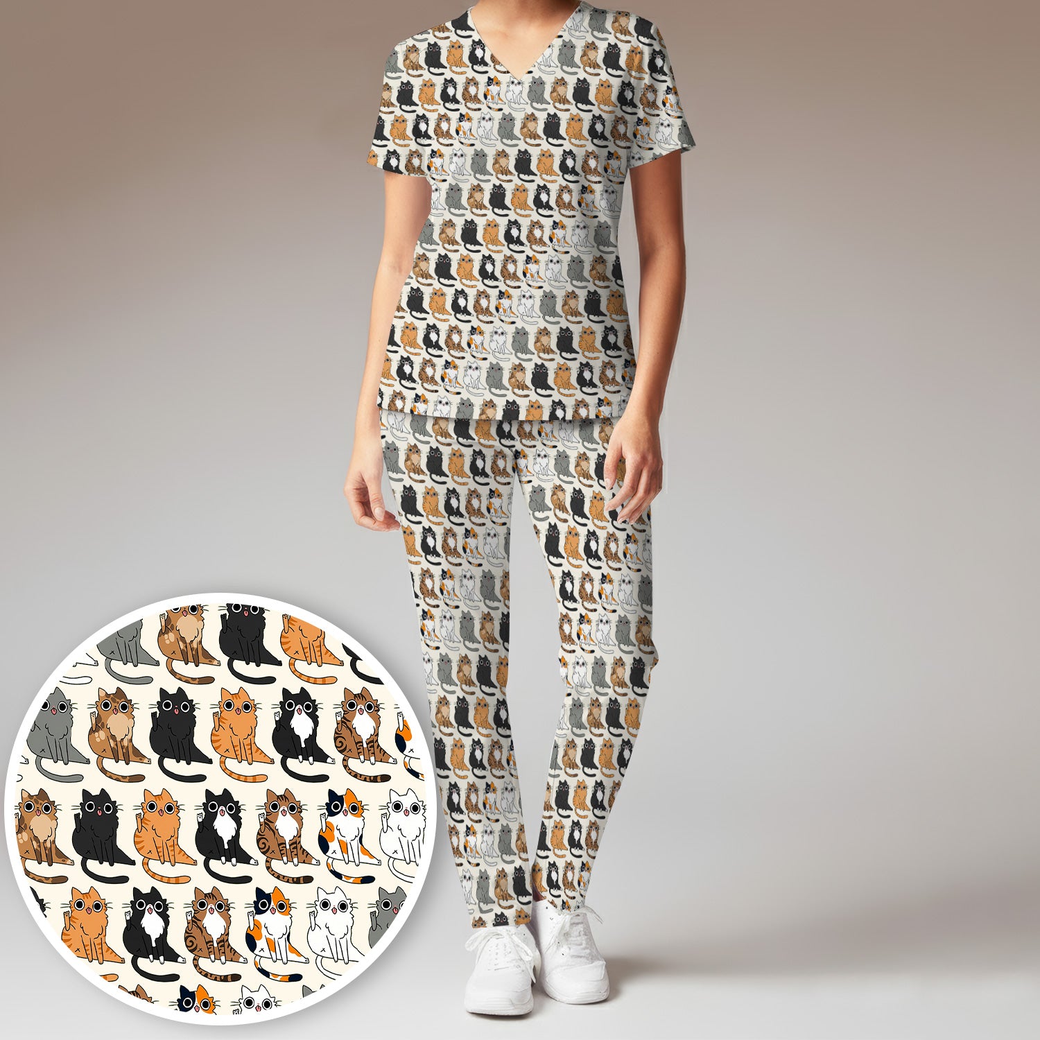 Cute Cartoon Cat Pattern Women's Scrub Set, Scrub Pants and V Neck Top