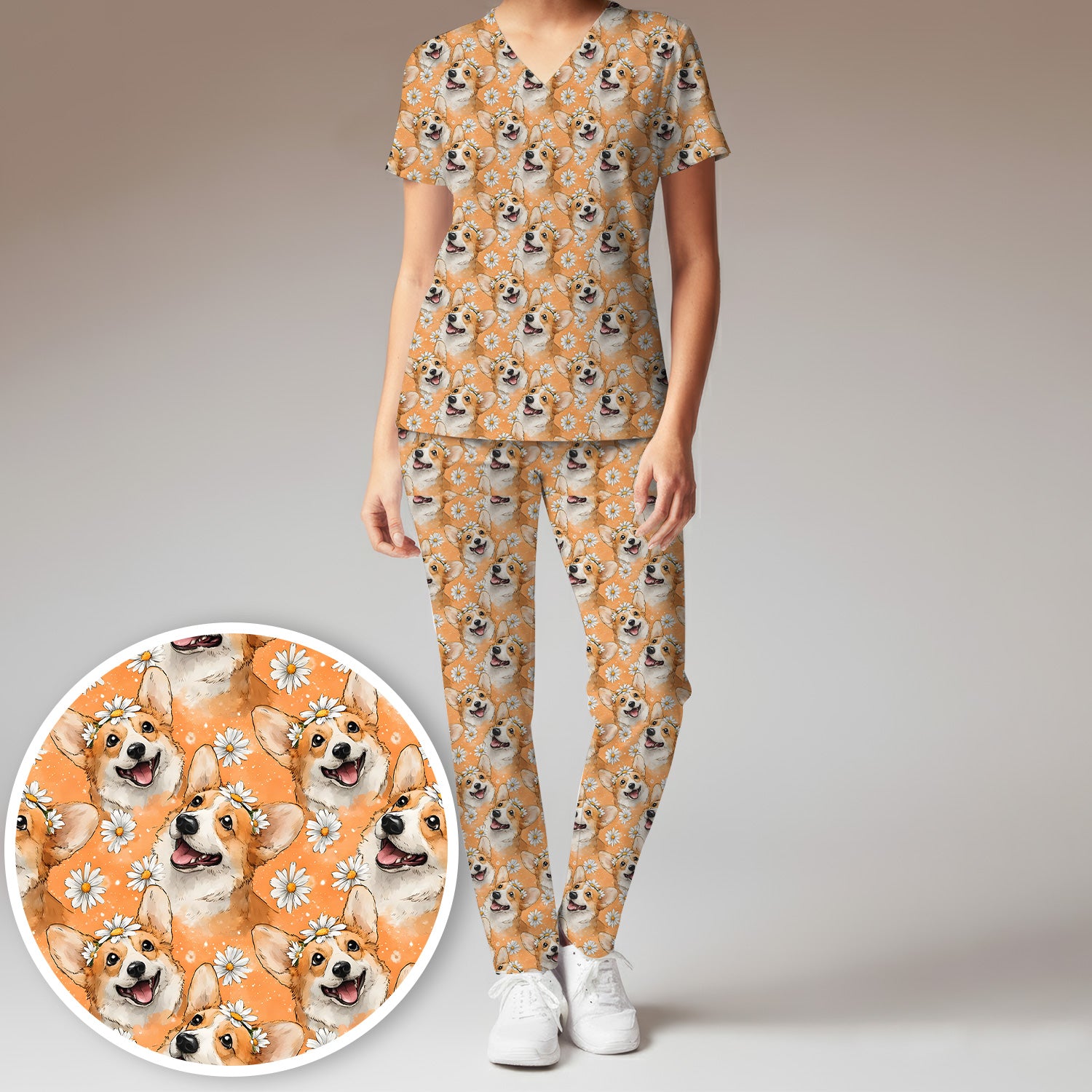 Happy Corgi Daisy Floral Pattern Orange Scrub Set,  Breathable Med Uniform