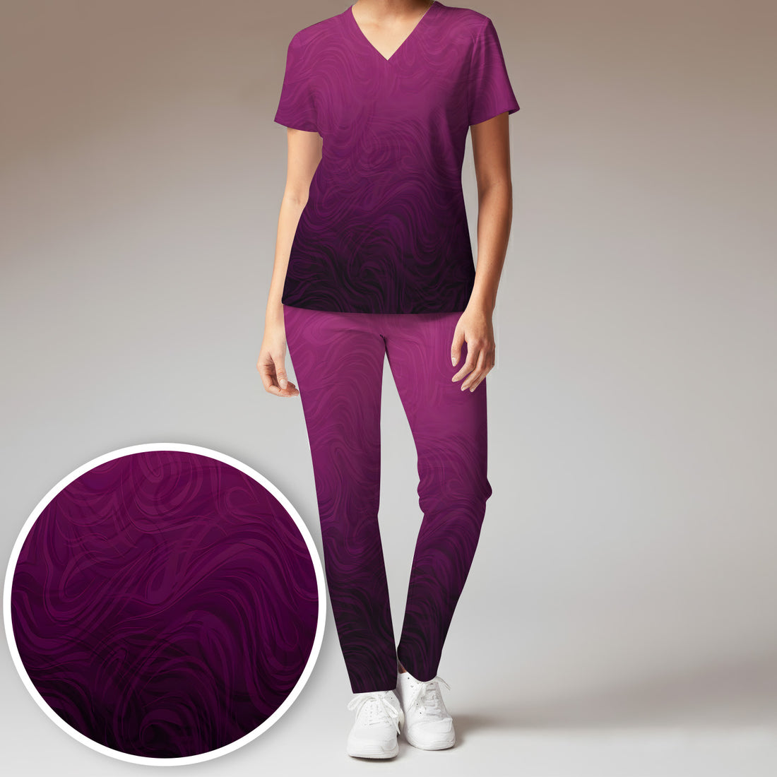 Abstract Swirl Ombre Pattern Scrub Set, Scrub Pants and V Neck Top
