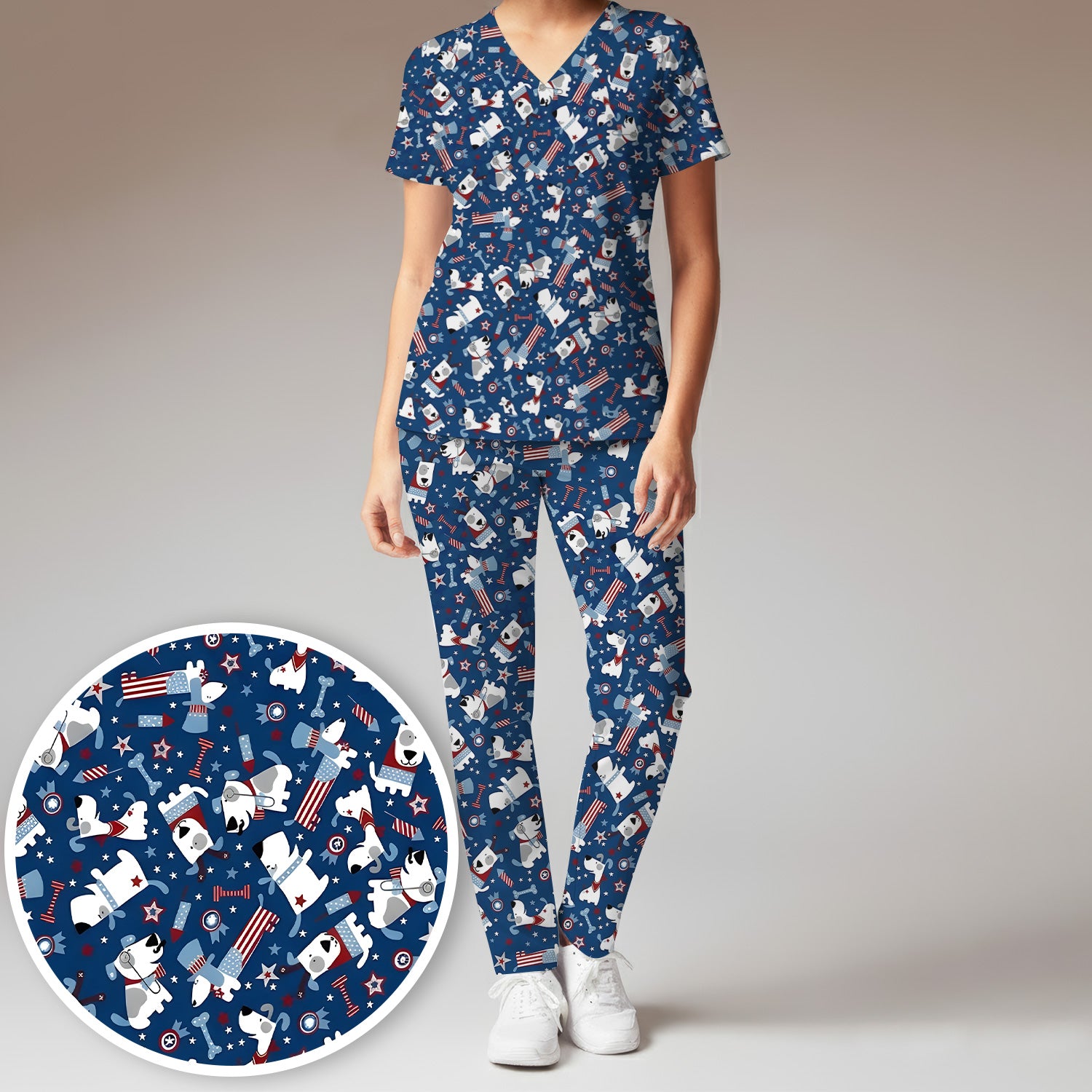 Patriotic Nurse Dog Stars Pattern Scrub Set, Scrub Pants and V Neck Top