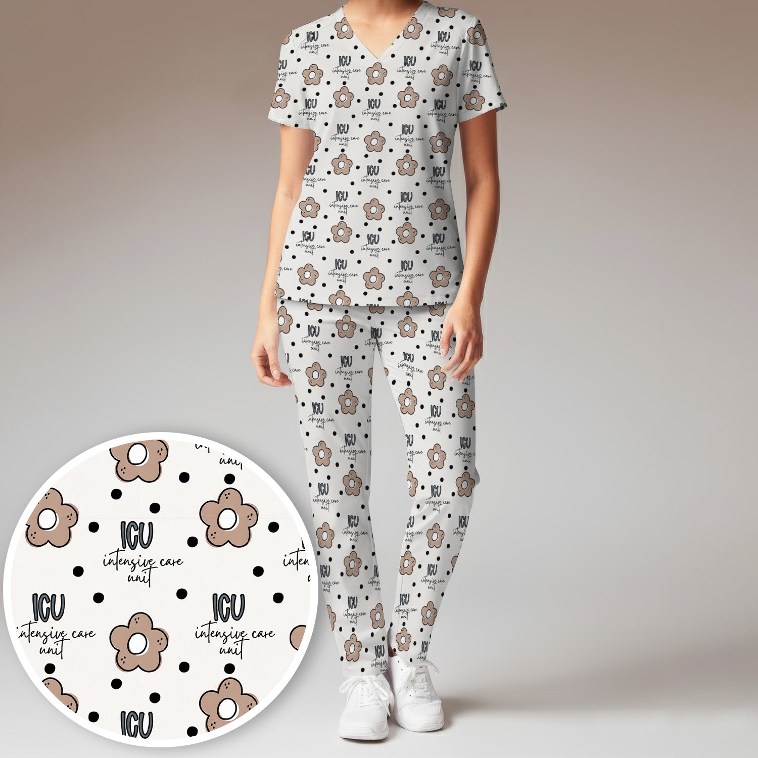 Cute ICU Nurse Flower Polka Dot Pattern Scrub Set, Scrub Pants and V Neck Top