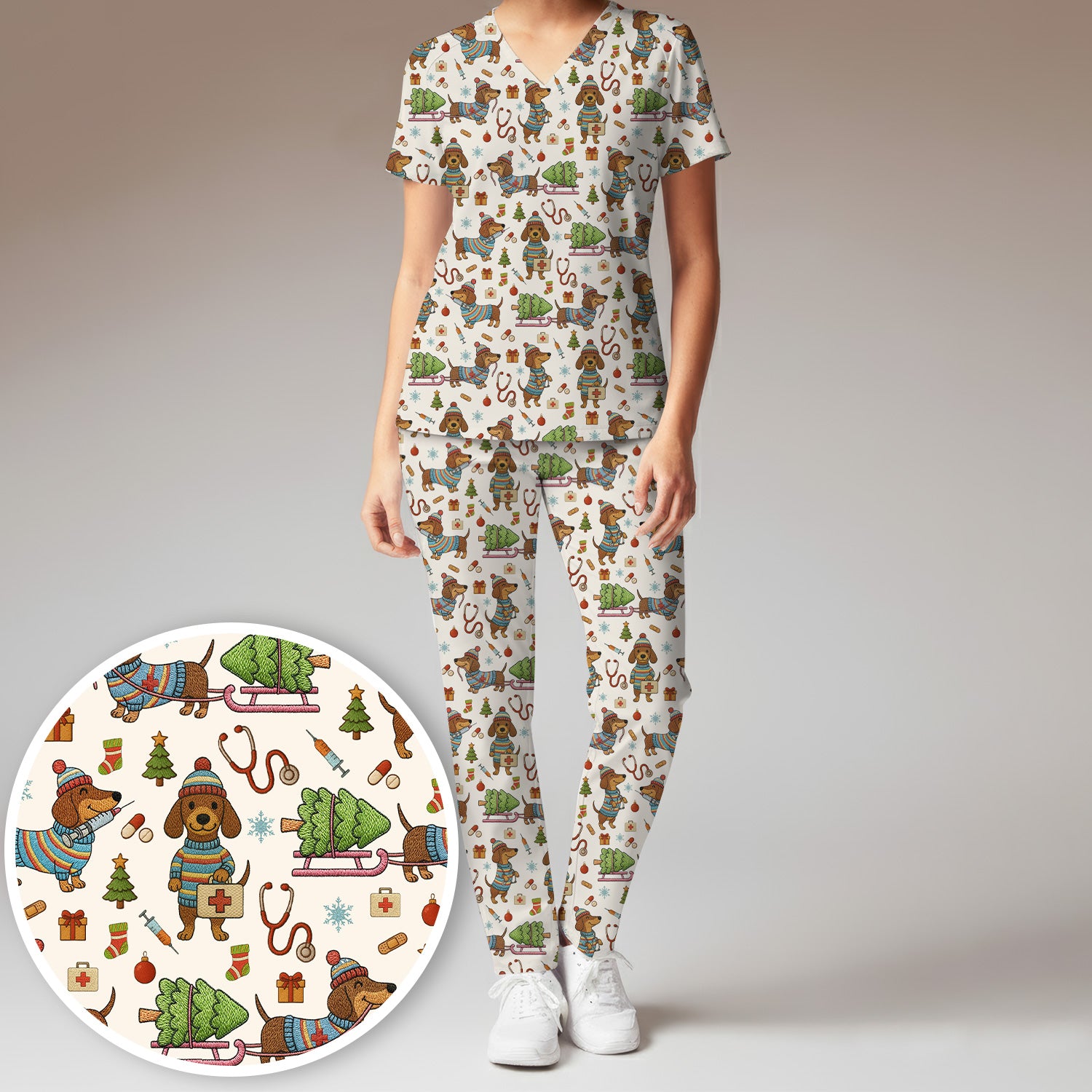 Dachshund Dog Scrub Set For Nurse, Funny Wiener Dog Lover Gift, Cute Dog 3D Knit Pattern Shirt