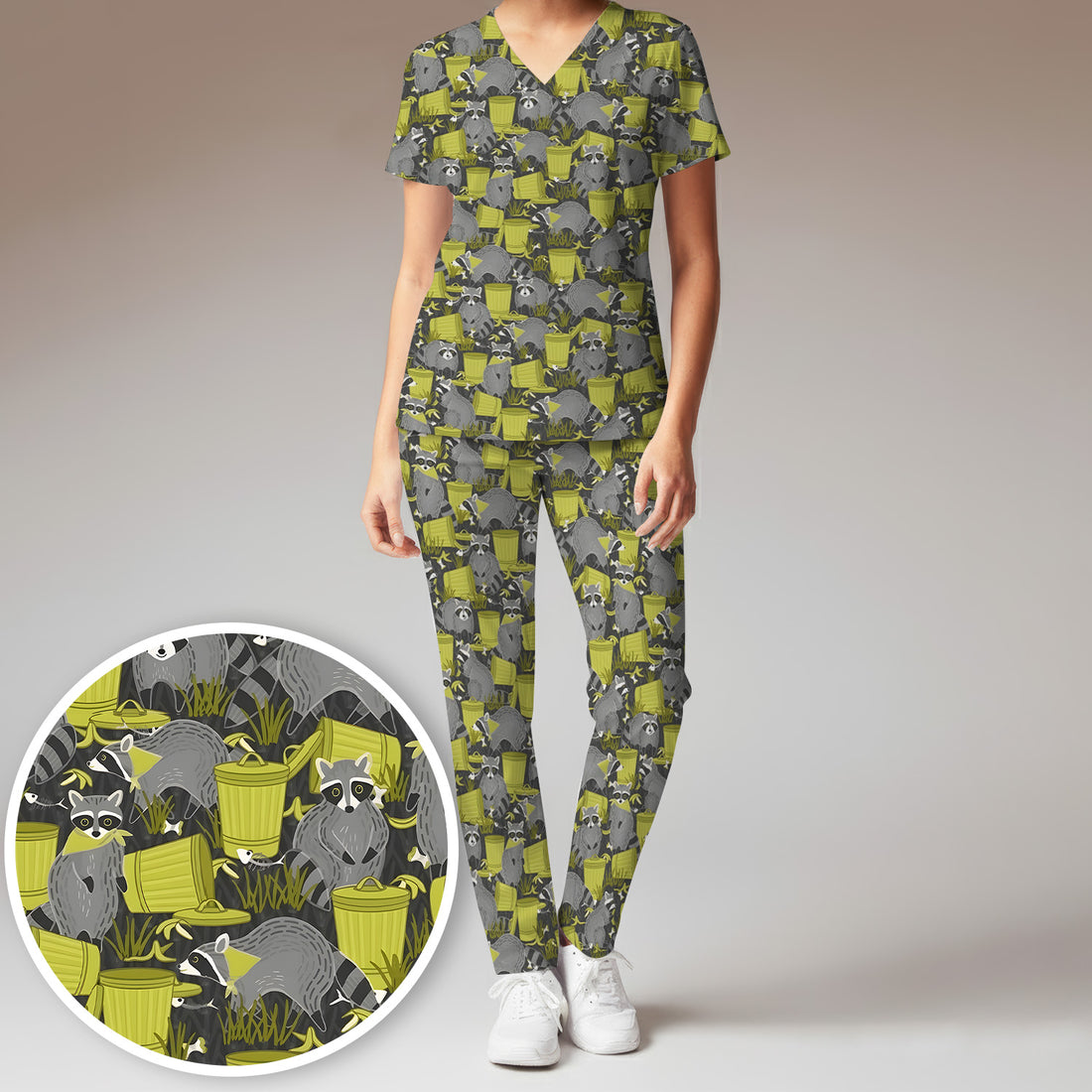 Cute Raccoon Trash Panda Pattern Scrub Set, Scrub Pants and V Neck Top