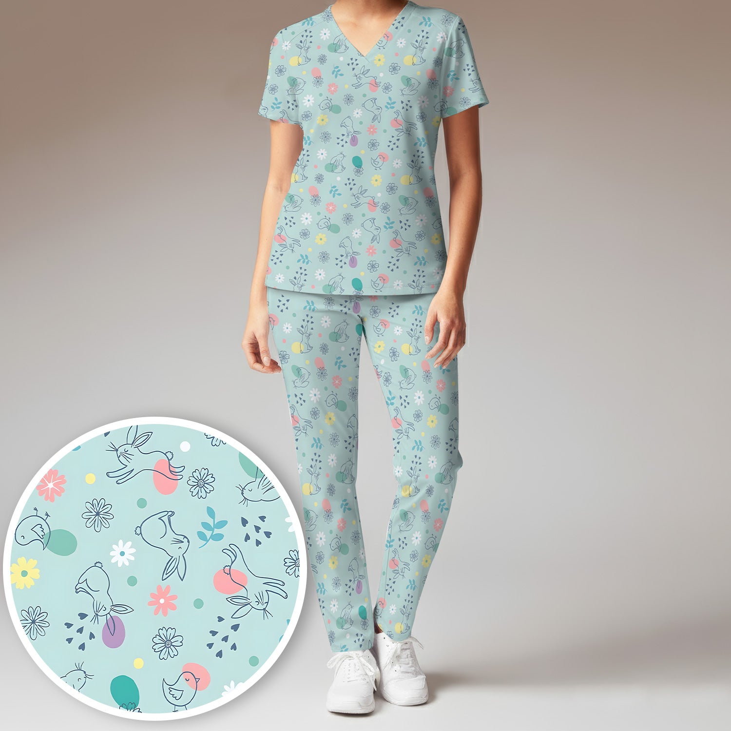 Whimsical Easter Bunny Eggs Pattern Scrub Set, Scrub Pants and V Neck Top