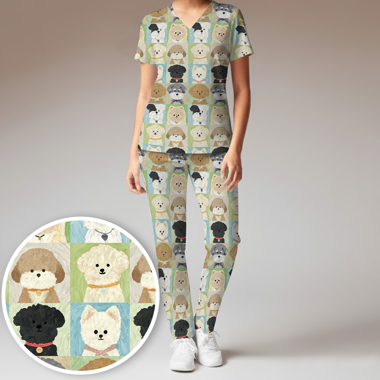 Adorable Different Dog Breeds Pattern Scrubs Sets, Scrub Pants and V Neck Top